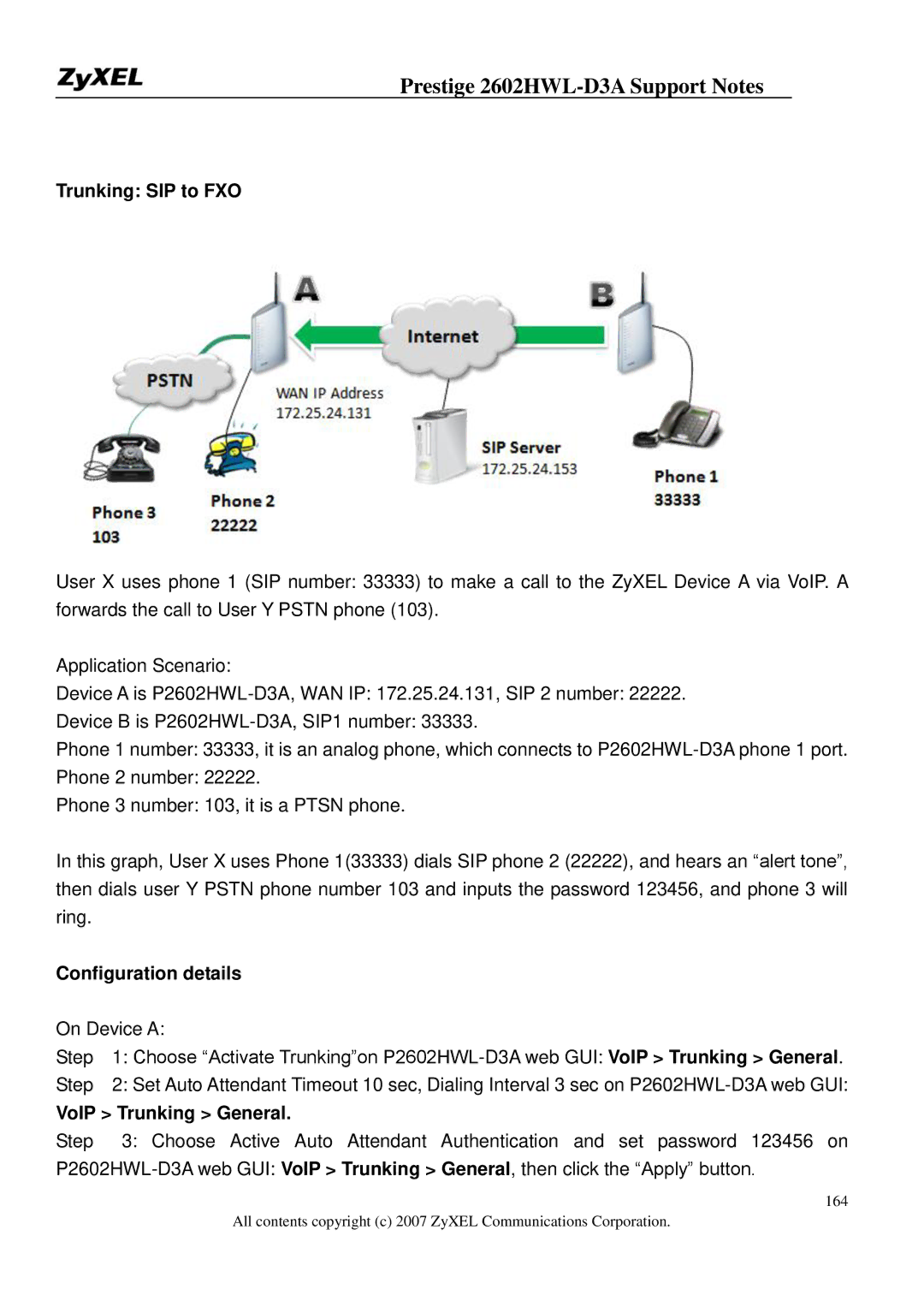 ZyXEL Communications 2602HWL-D3A manual Trunking SIP to FXO, VoIP Trunking General 