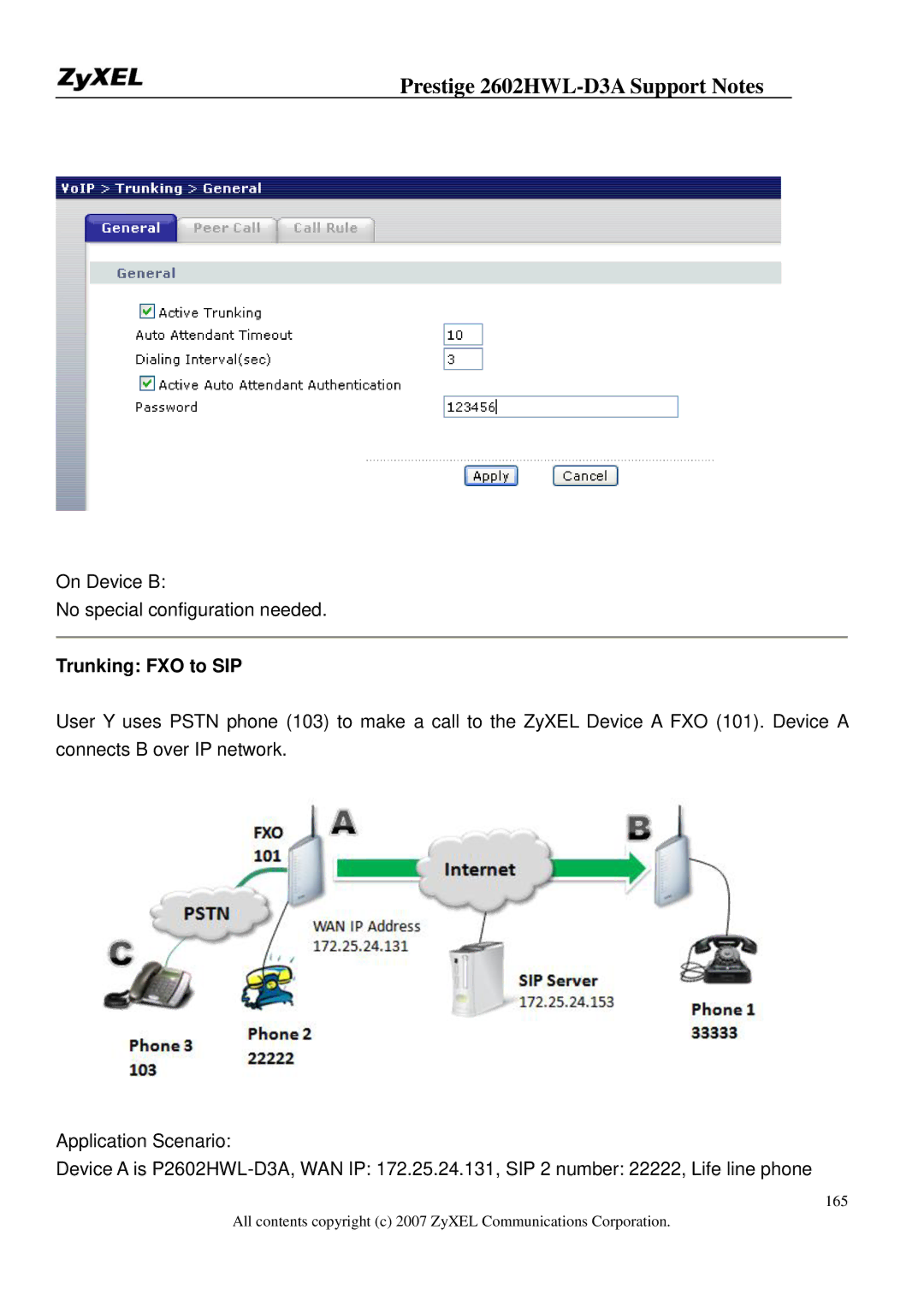 ZyXEL Communications 2602HWL-D3A manual On Device B No special configuration needed, Trunking FXO to SIP 