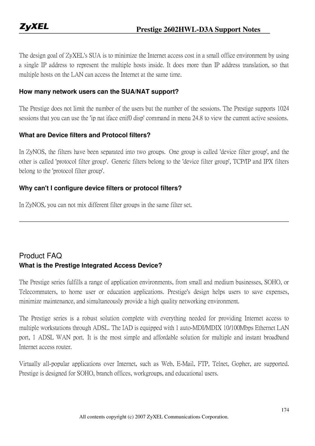 ZyXEL Communications 2602HWL-D3A manual How many network users can the SUA/NAT support? 