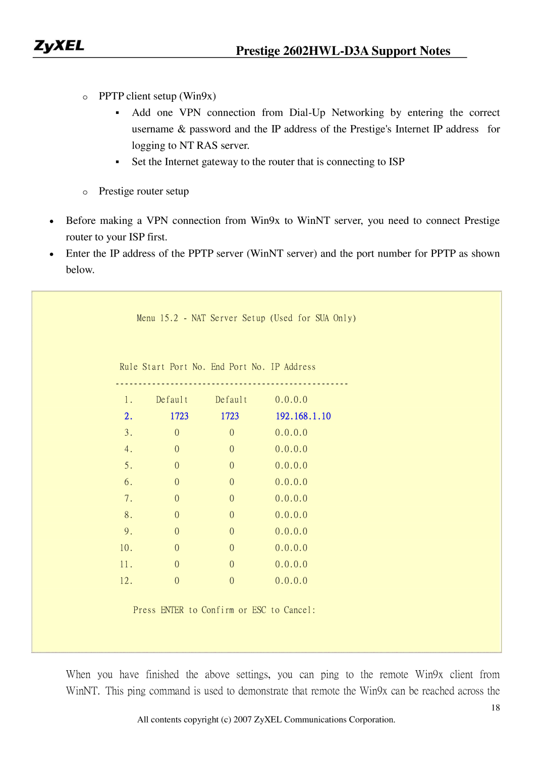 ZyXEL Communications 2602HWL-D3A manual 1723 192.168.1.10 