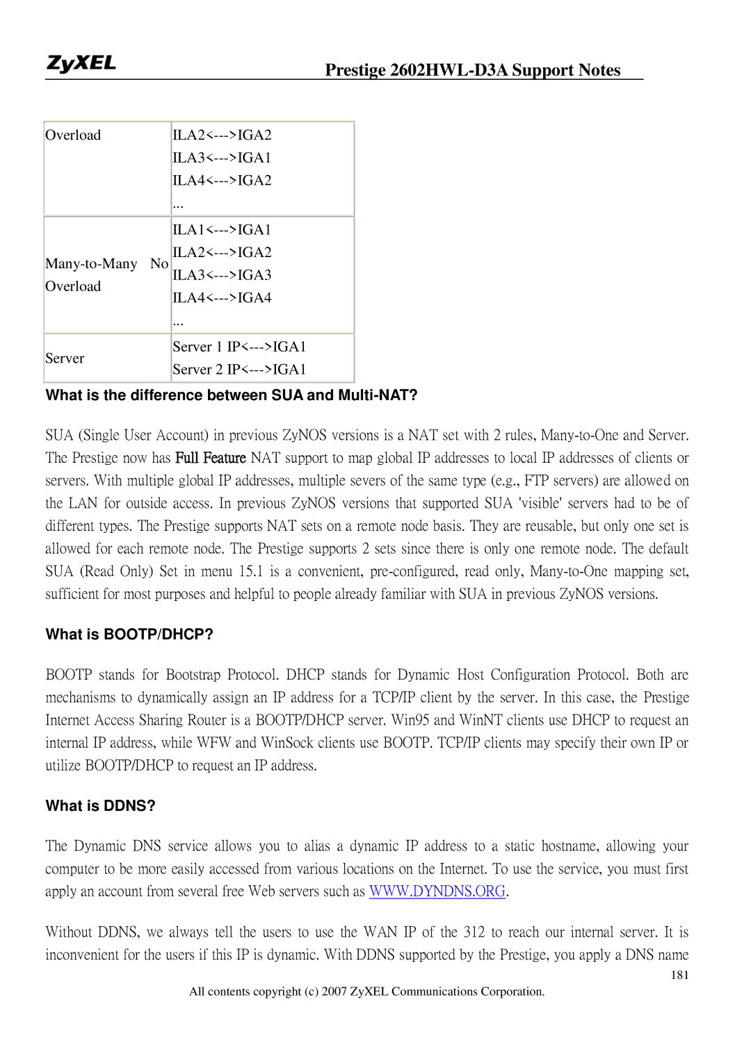 ZyXEL Communications 2602HWL-D3A What is the difference between SUA and Multi-NAT?, What is BOOTP/DHCP?, What is DDNS? 