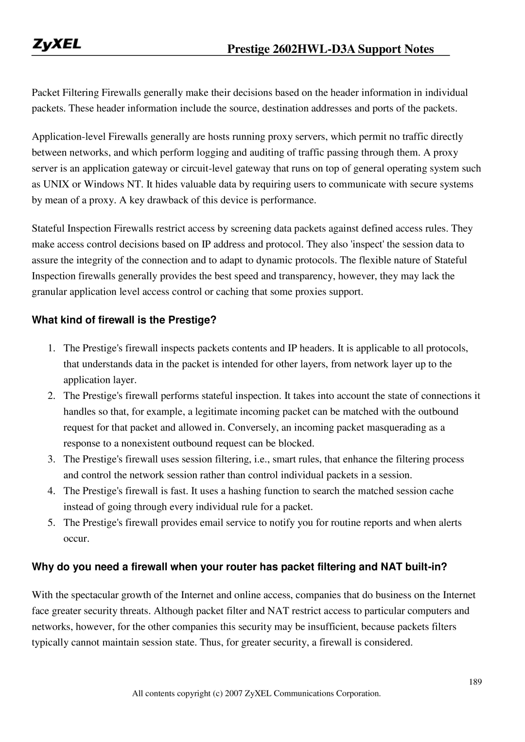 ZyXEL Communications 2602HWL-D3A manual What kind of firewall is the Prestige? 