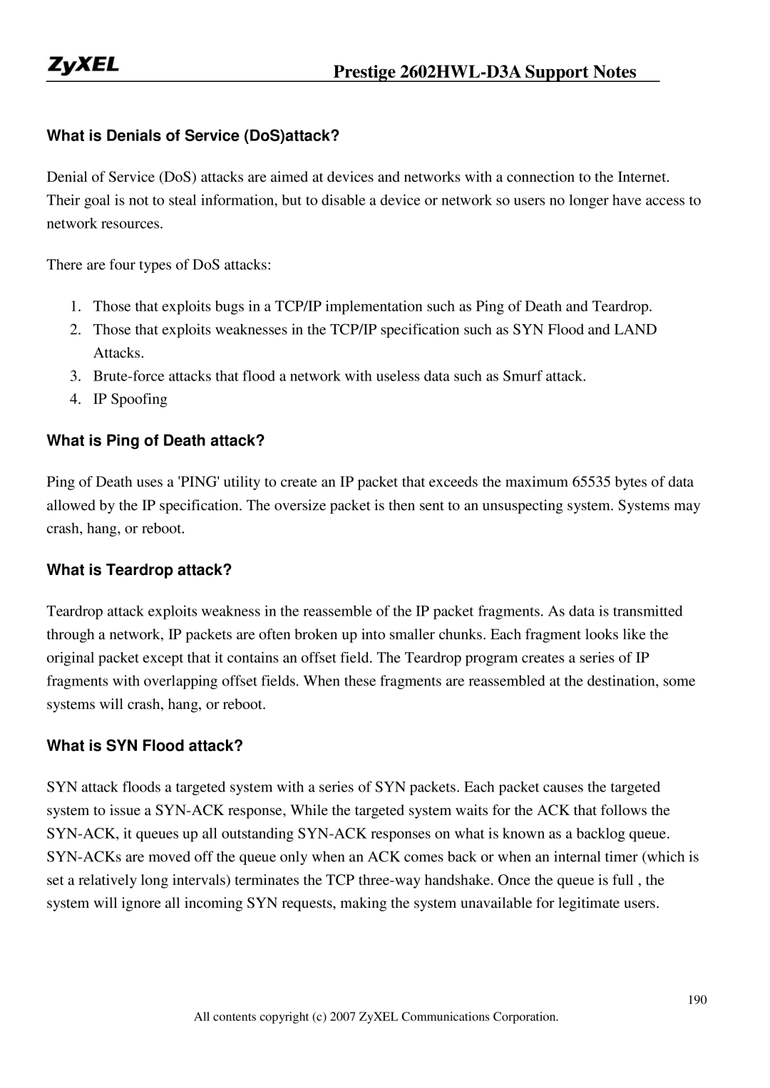 ZyXEL Communications 2602HWL-D3A manual What is Denials of Service DoSattack?, What is Ping of Death attack? 