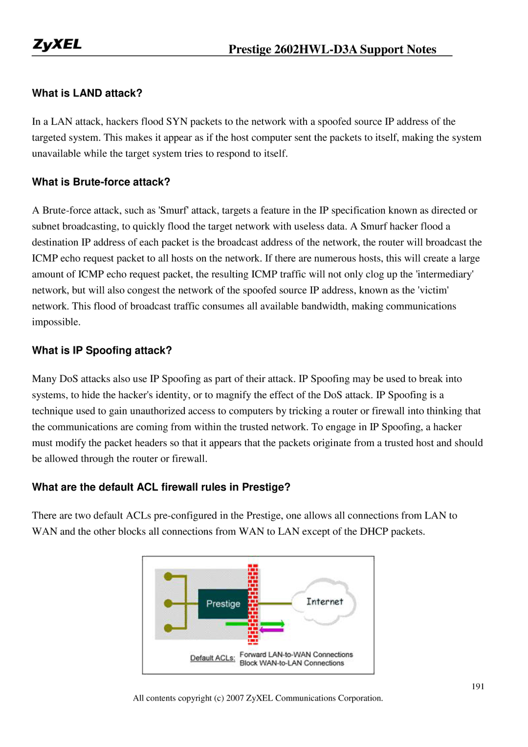 ZyXEL Communications 2602HWL-D3A manual What is Land attack?, What is Brute-force attack?, What is IP Spoofing attack? 