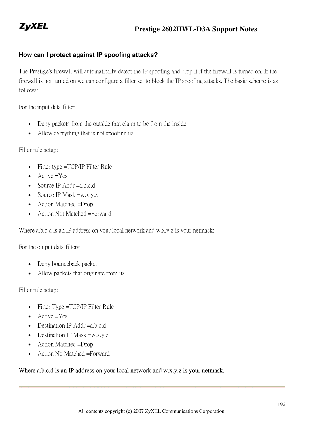 ZyXEL Communications 2602HWL-D3A manual How can I protect against IP spoofing attacks? 