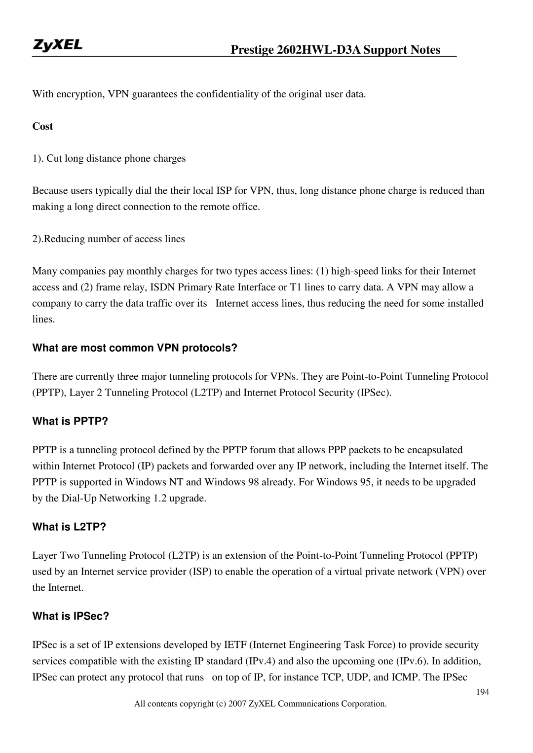 ZyXEL Communications 2602HWL-D3A Cost, What are most common VPN protocols?, What is PPTP?, What is L2TP?, What is IPSec? 