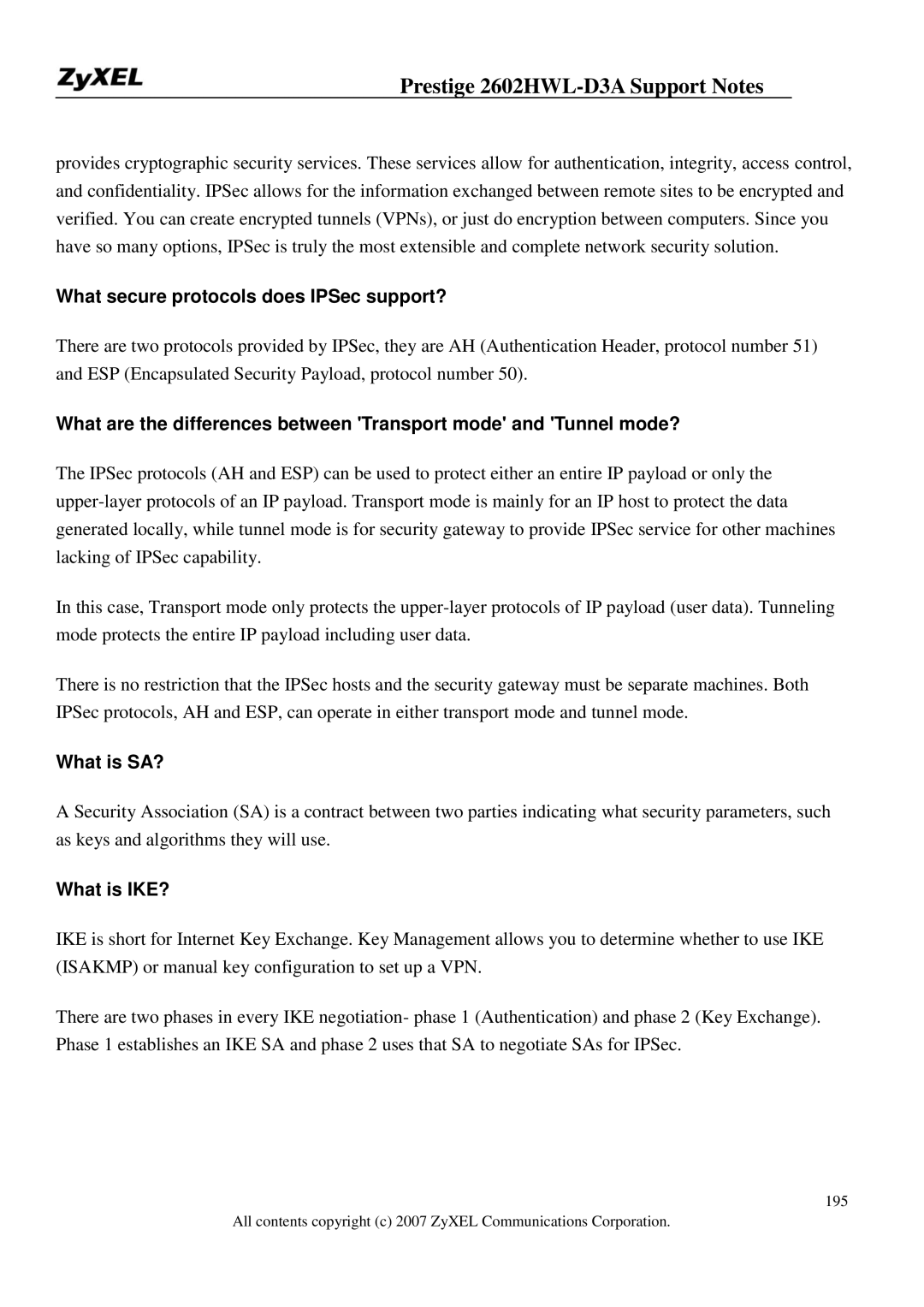 ZyXEL Communications 2602HWL-D3A manual What secure protocols does IPSec support?, What is SA?, What is IKE? 