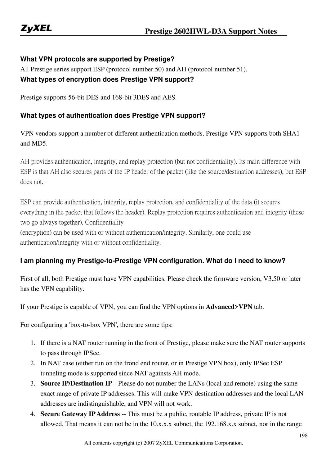 ZyXEL Communications 2602HWL-D3A manual What VPN protocols are supported by Prestige? 