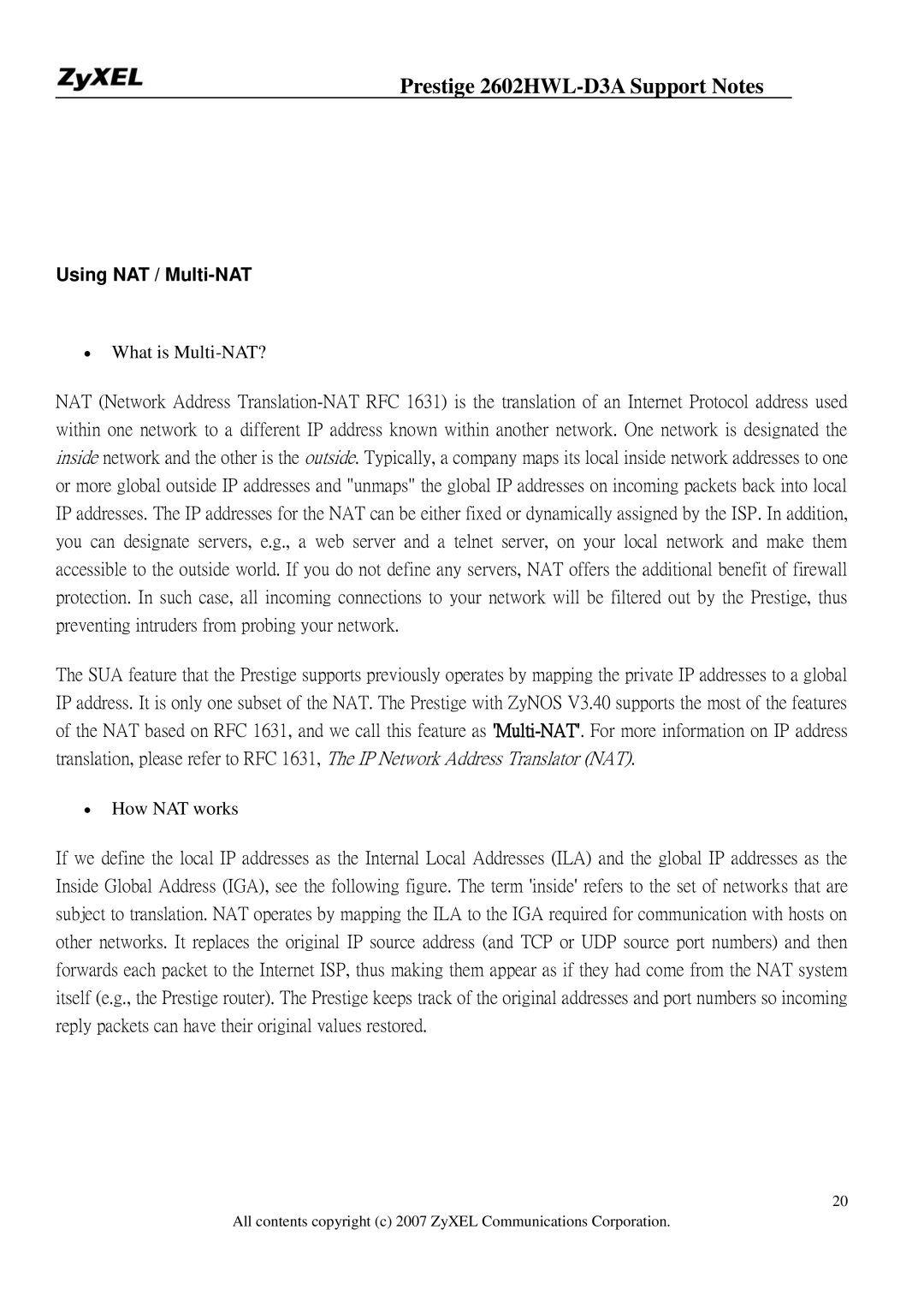 ZyXEL Communications 2602HWL-D3A manual Using NAT / Multi-NAT, ∙ What is Multi-NAT? 