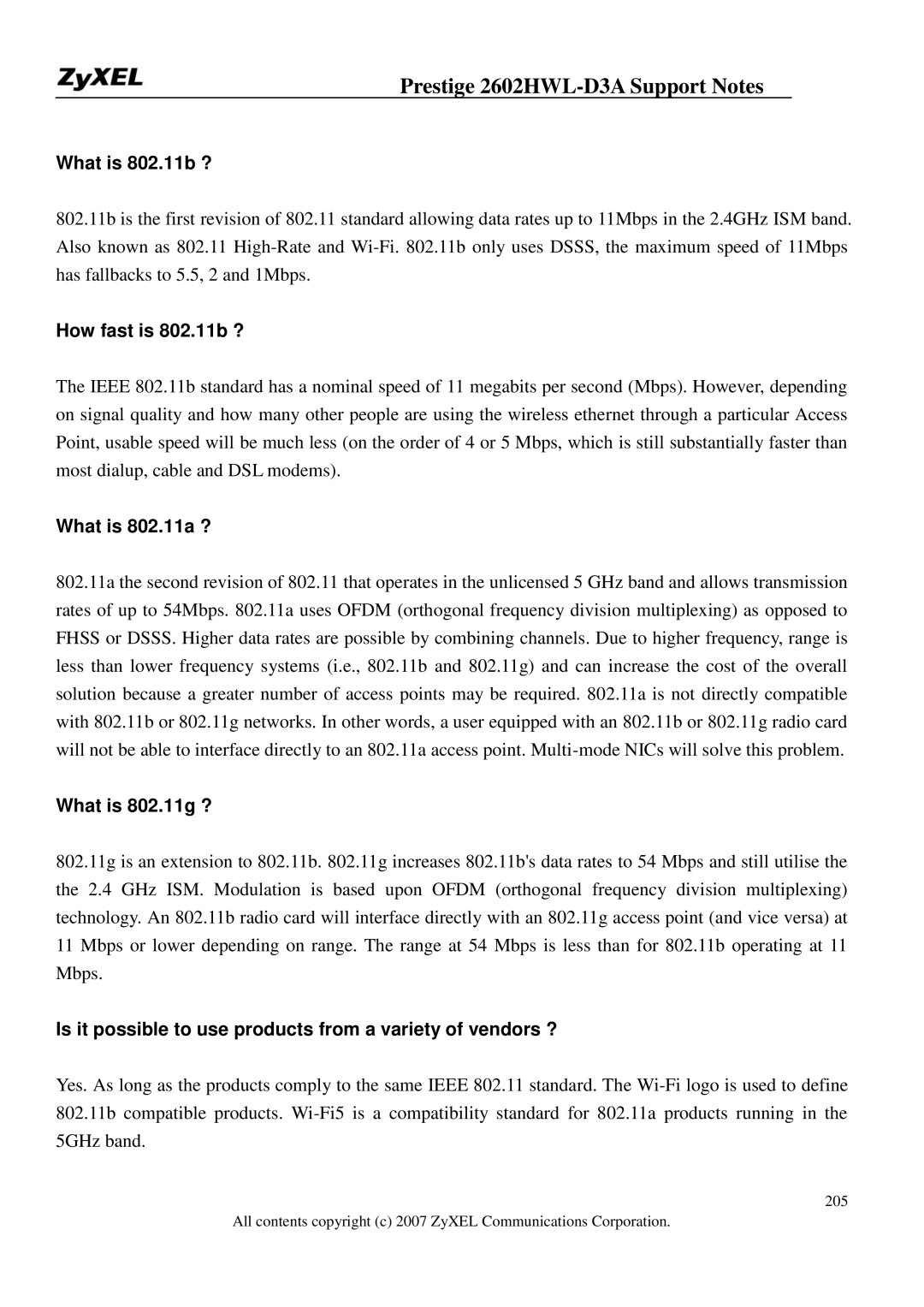 ZyXEL Communications 2602HWL-D3A manual What is 802.11b ?, How fast is 802.11b ?, What is 802.11a ?, What is 802.11g ? 