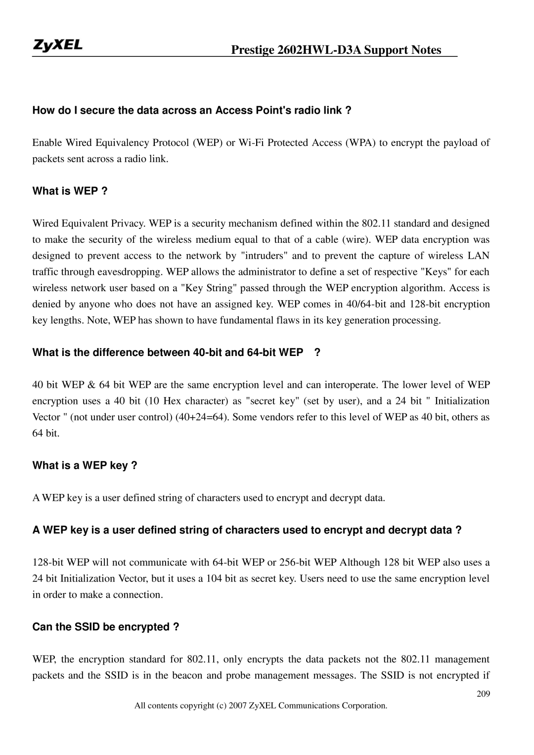 ZyXEL Communications 2602HWL-D3A manual What is WEP ?, What is the difference between 40-bit and 64-bit WEP ? 