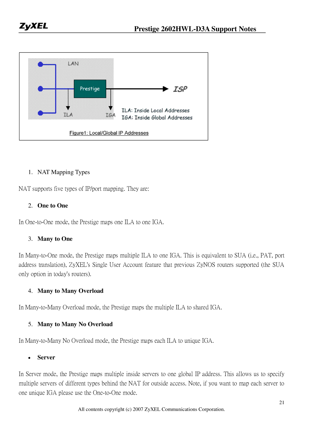 ZyXEL Communications 2602HWL-D3A manual One to One, Many to One, Many to Many Overload, Many to Many No Overload, ∙ Server 