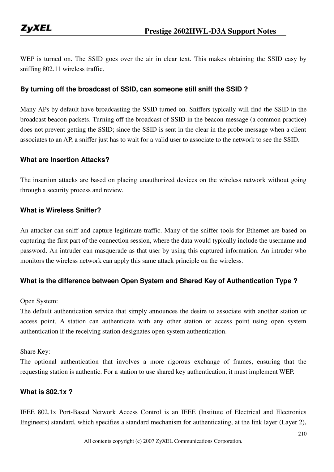 ZyXEL Communications 2602HWL-D3A manual What are Insertion Attacks?, What is Wireless Sniffer?, What is 802.1x ? 