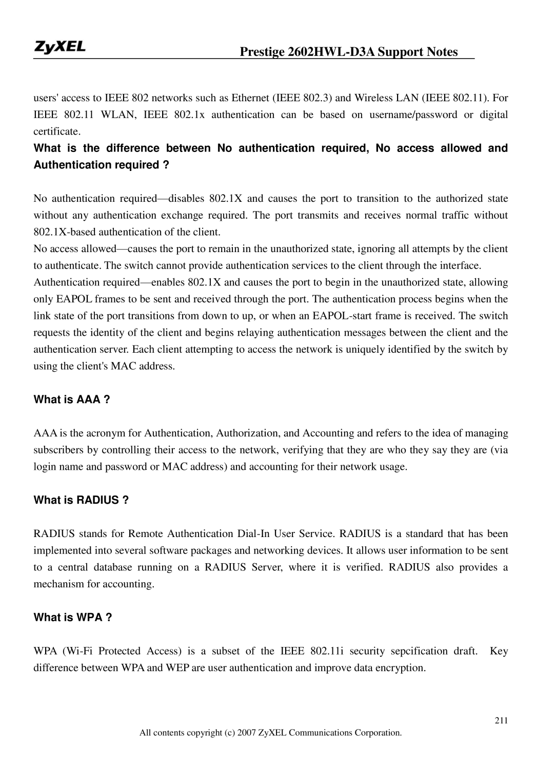 ZyXEL Communications 2602HWL-D3A manual What is AAA ?, What is Radius ?, What is WPA ? 