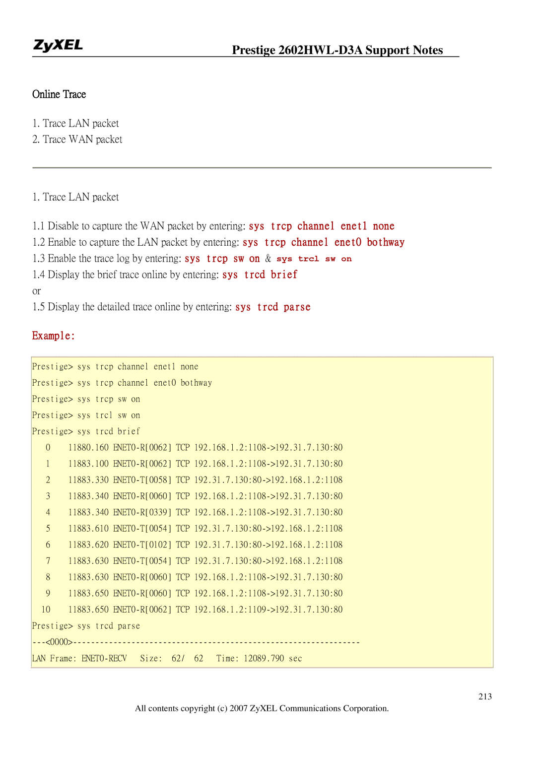 ZyXEL Communications 2602HWL-D3A manual Online Trace, Example 