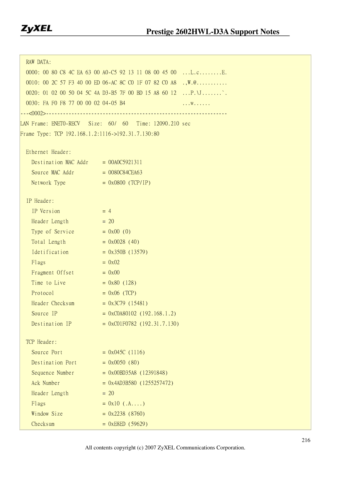 ZyXEL Communications 2602HWL-D3A manual RAW Data 