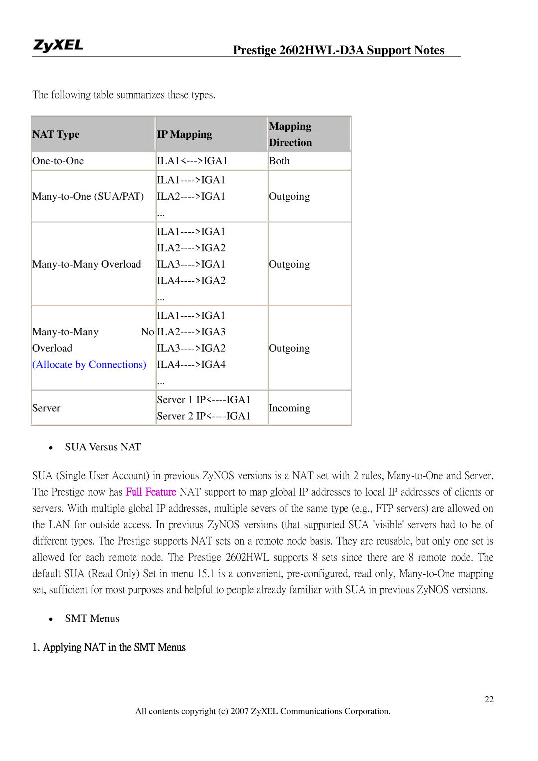 ZyXEL Communications 2602HWL-D3A manual Following table summarizes these types, NAT Type IP Mapping Direction 