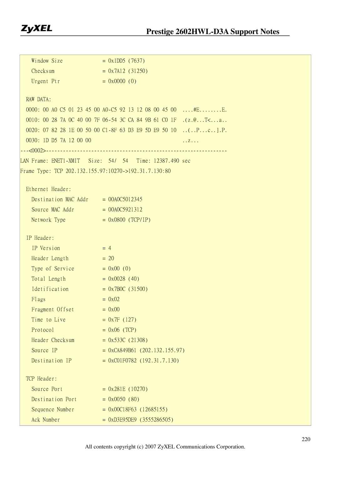 ZyXEL Communications 2602HWL-D3A manual Window Size = 0x1DD5 7637 Checksum = 0x7A12 31250 