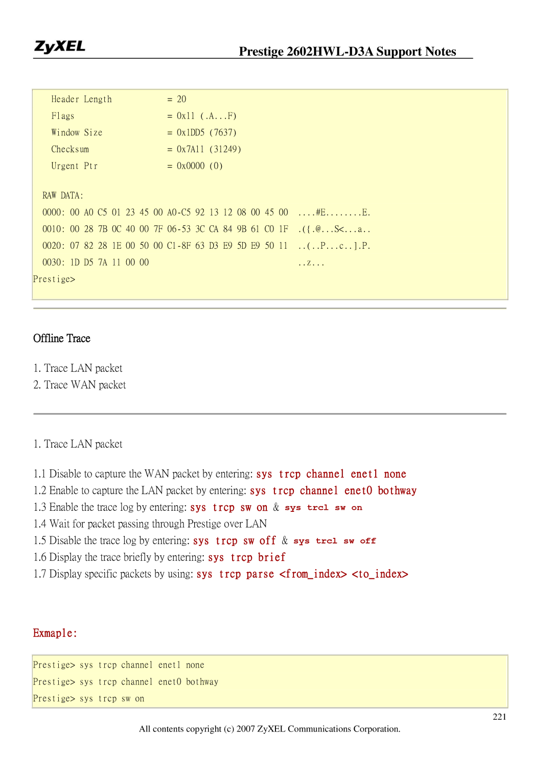 ZyXEL Communications 2602HWL-D3A manual Offline Trace 