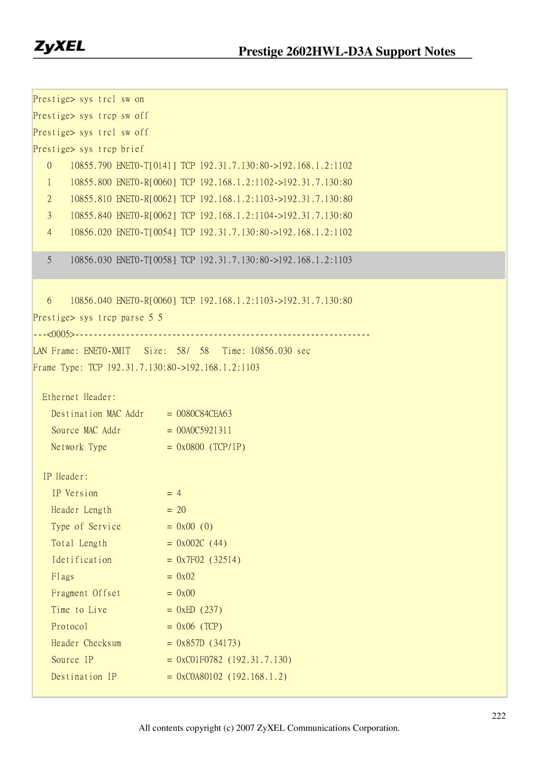 ZyXEL Communications 2602HWL-D3A manual Tcp 