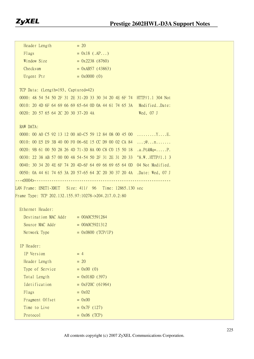 ZyXEL Communications 2602HWL-D3A manual Header Length Flags = 0x18 .AP Window Size 8760 Checksum 