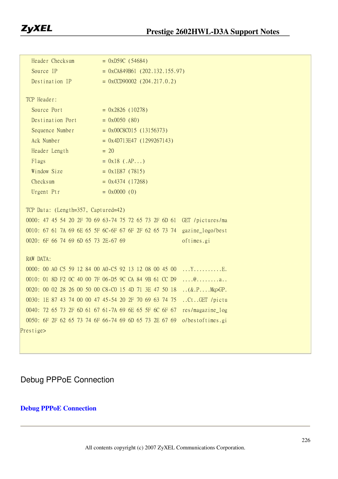 ZyXEL Communications 2602HWL-D3A manual Debug PPPoE Connection 