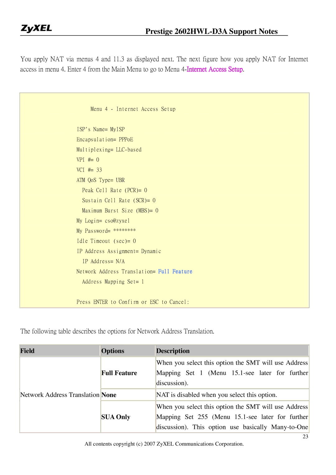 ZyXEL Communications 2602HWL-D3A manual Field Options Description, Full Feature, None, SUA Only 