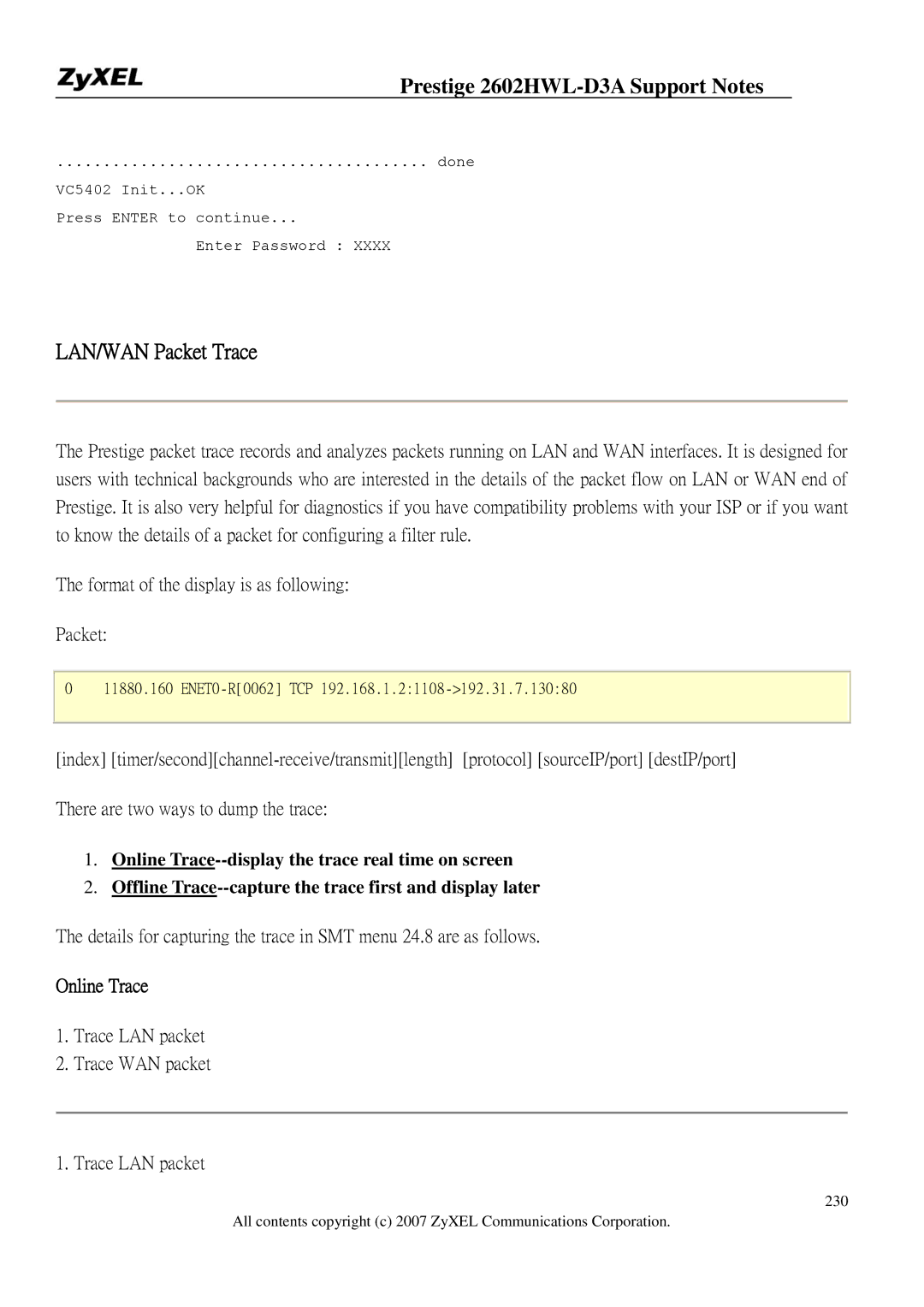 ZyXEL Communications 2602HWL-D3A manual LAN/WAN Packet Trace 