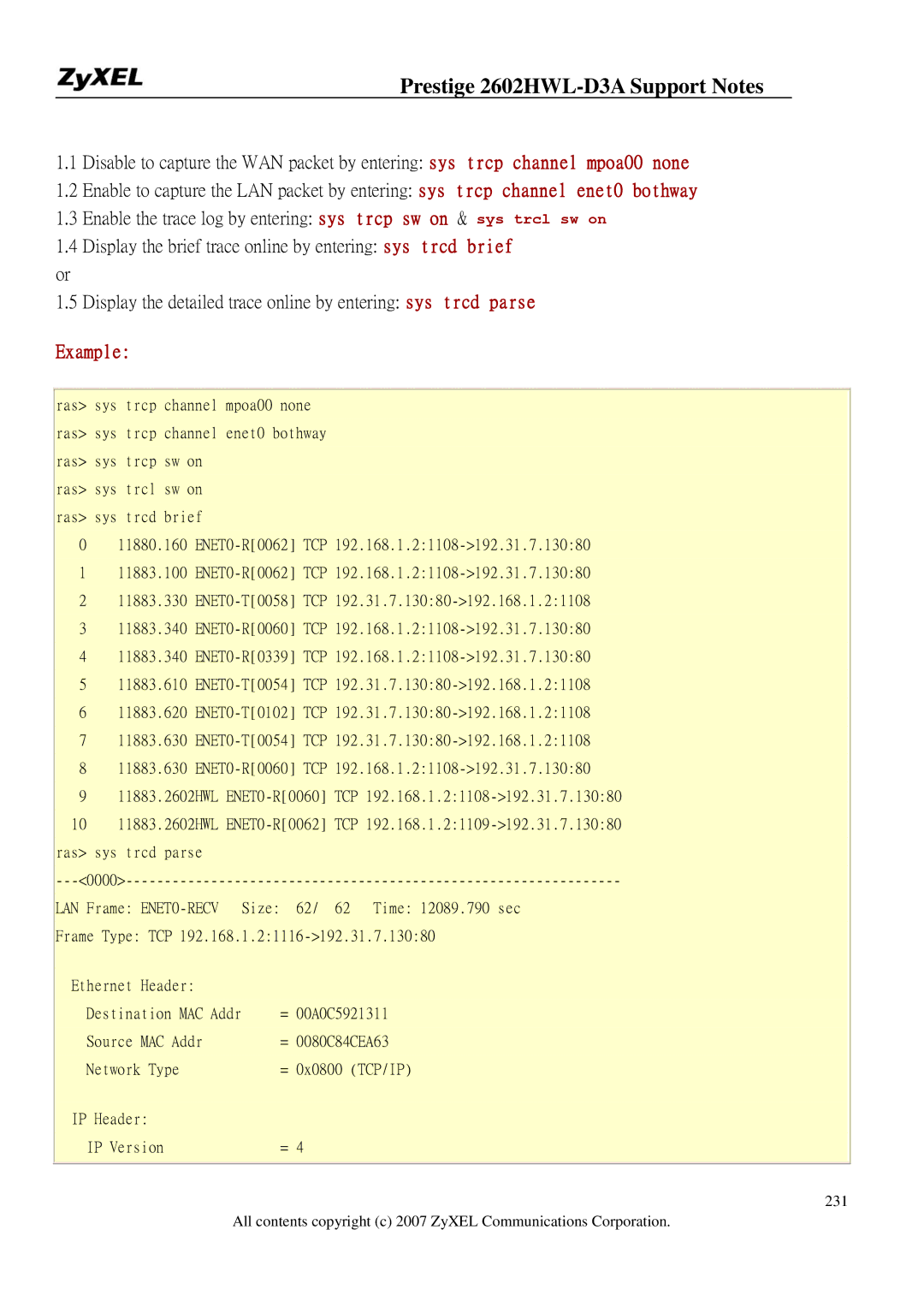 ZyXEL Communications 2602HWL-D3A manual Example 