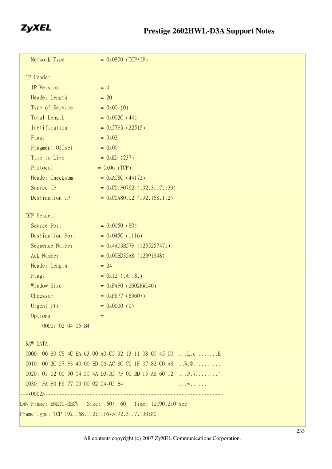 ZyXEL Communications 2602HWL-D3A manual Size 60 Time 12090.210 sec Frame Type TCP 