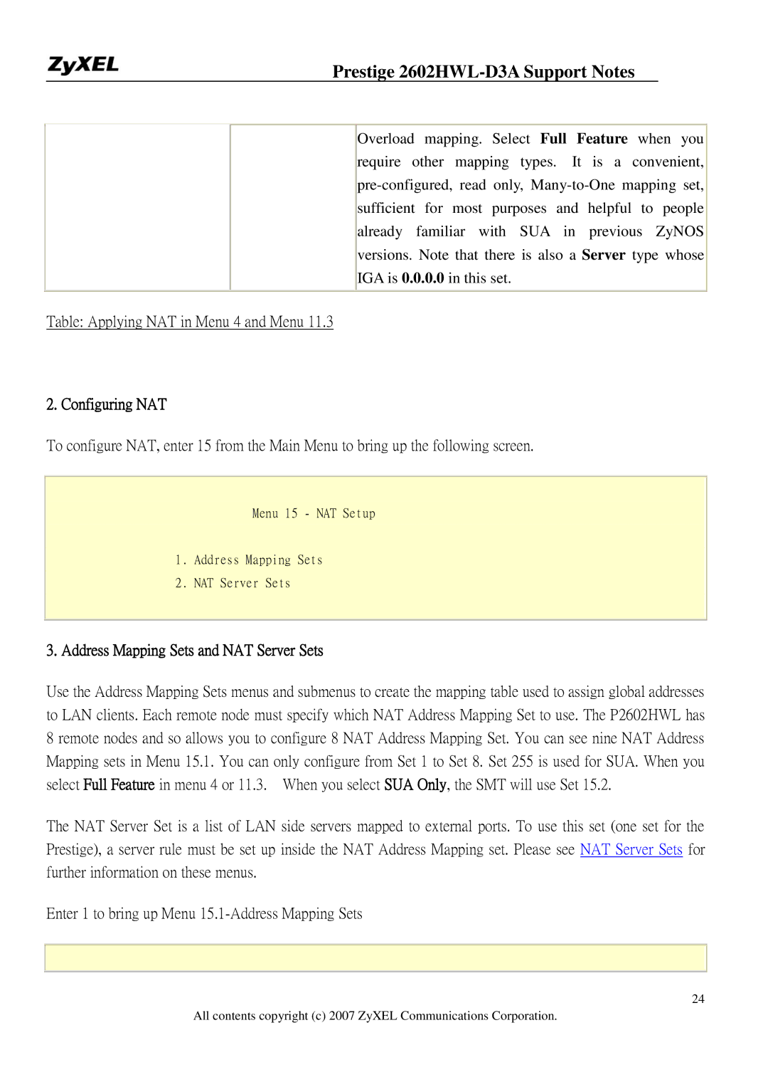 ZyXEL Communications 2602HWL-D3A manual Table Applying NAT in Menu 4 and Menu, Configuring NAT 