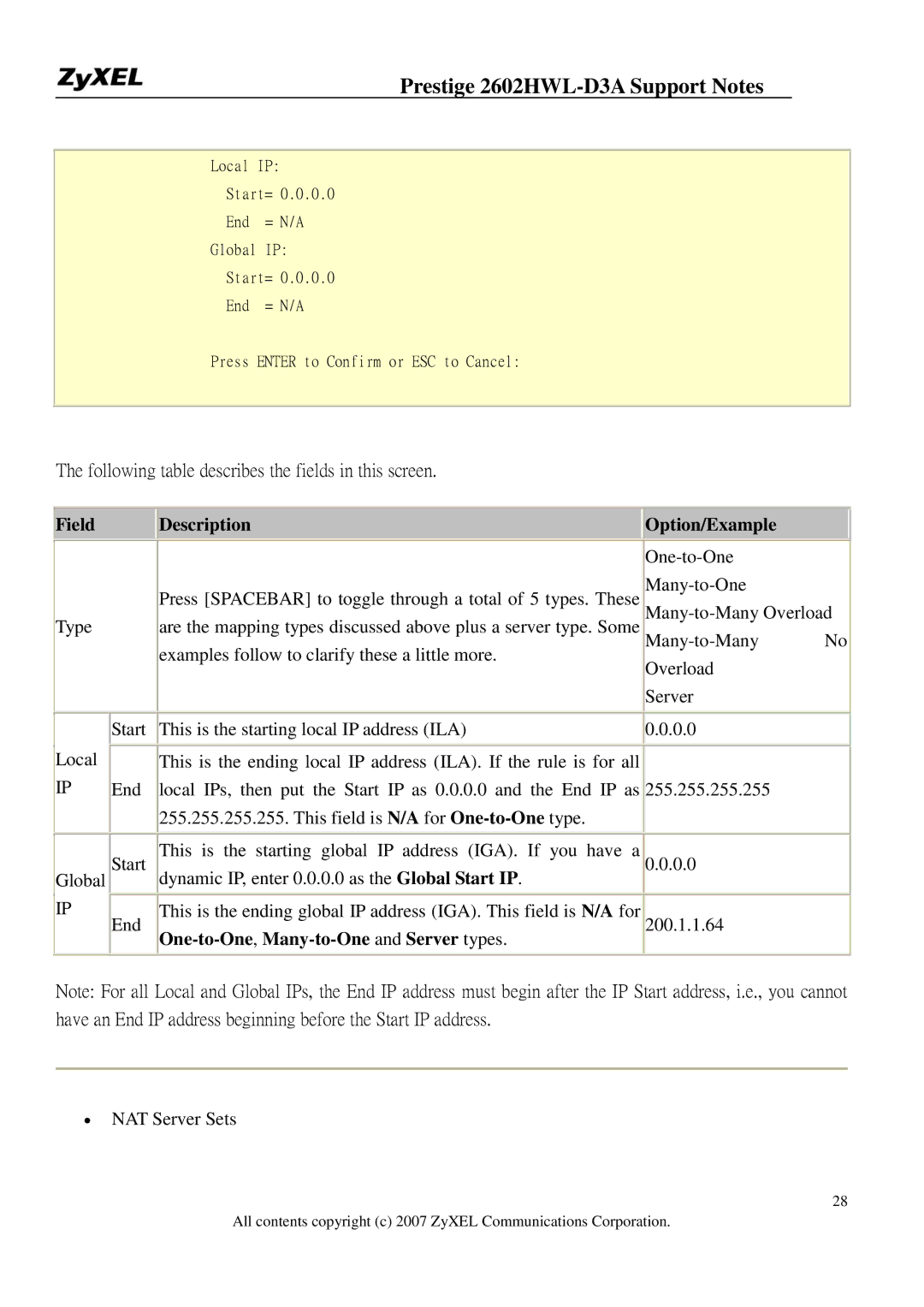 ZyXEL Communications 2602HWL-D3A manual Following table describes the fields in this screen 