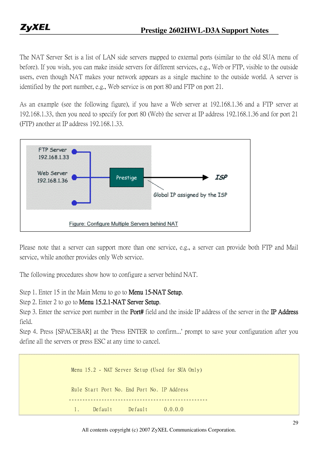 ZyXEL Communications 2602HWL-D3A manual Enter 2 to go to Menu 15.2.1-NAT Server Setup 