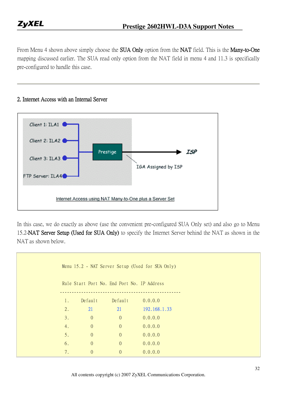 ZyXEL Communications 2602HWL-D3A manual Internet Access with an Internal Server 