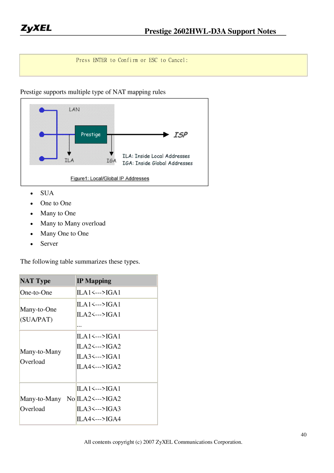 ZyXEL Communications 2602HWL-D3A manual ∙ Sua, NAT Type IP Mapping 