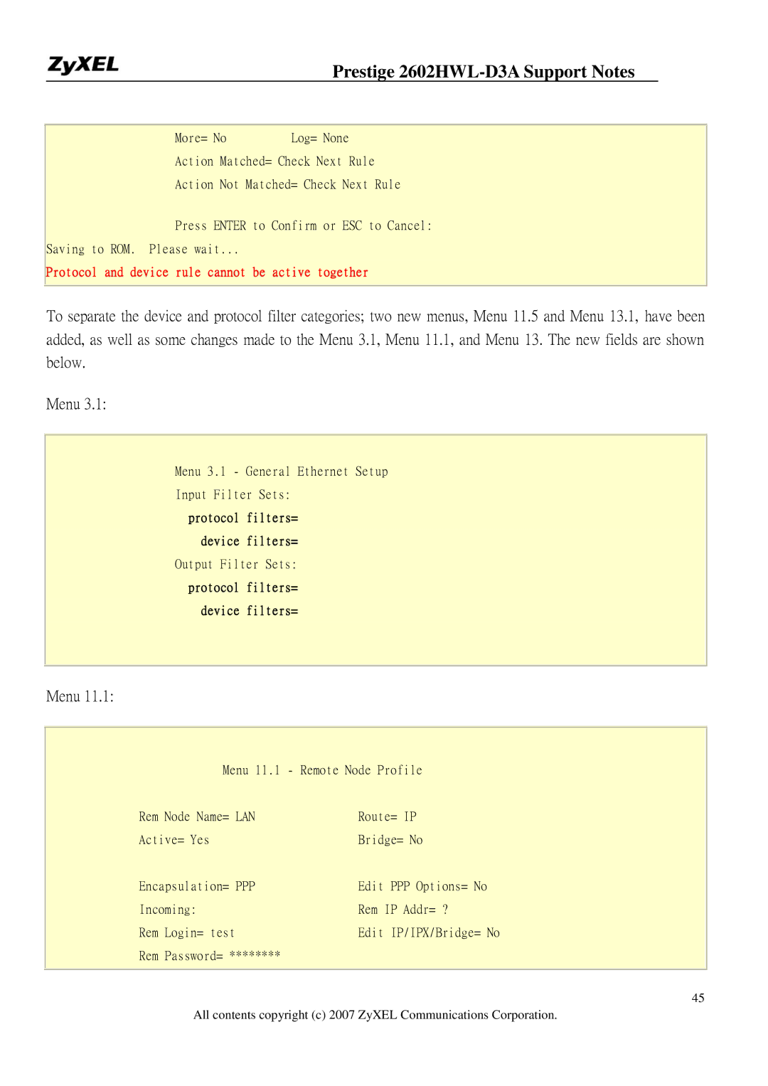 ZyXEL Communications 2602HWL-D3A manual Protocol and device rule cannot be active together 