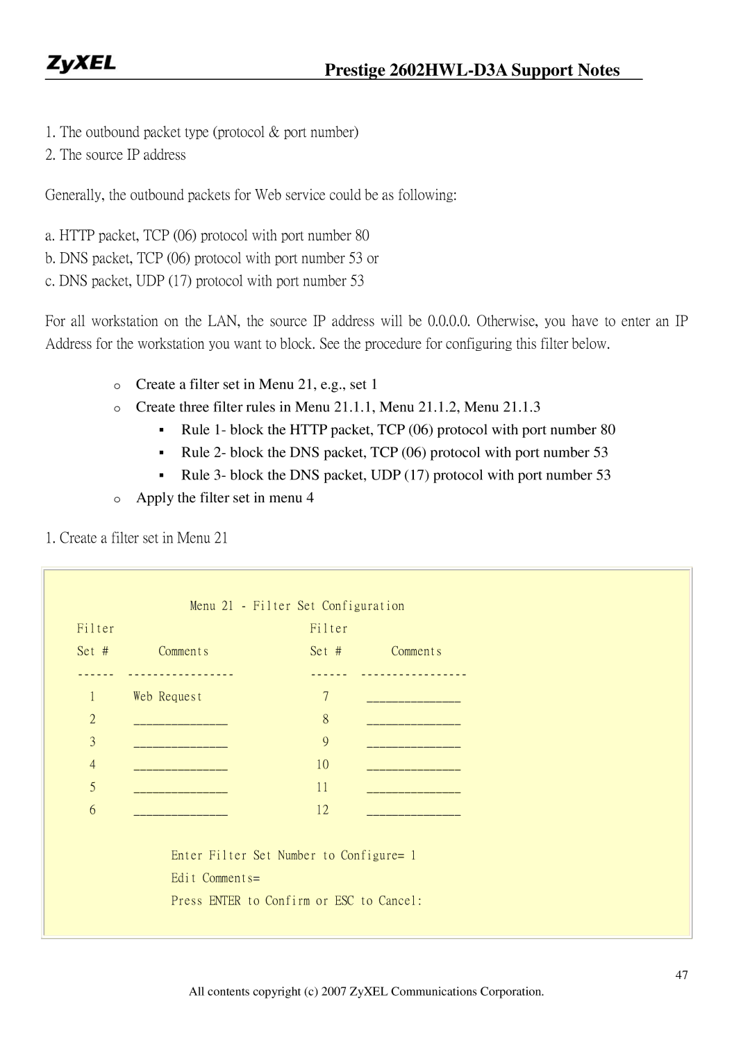 ZyXEL Communications 2602HWL-D3A manual Create a filter set in Menu 