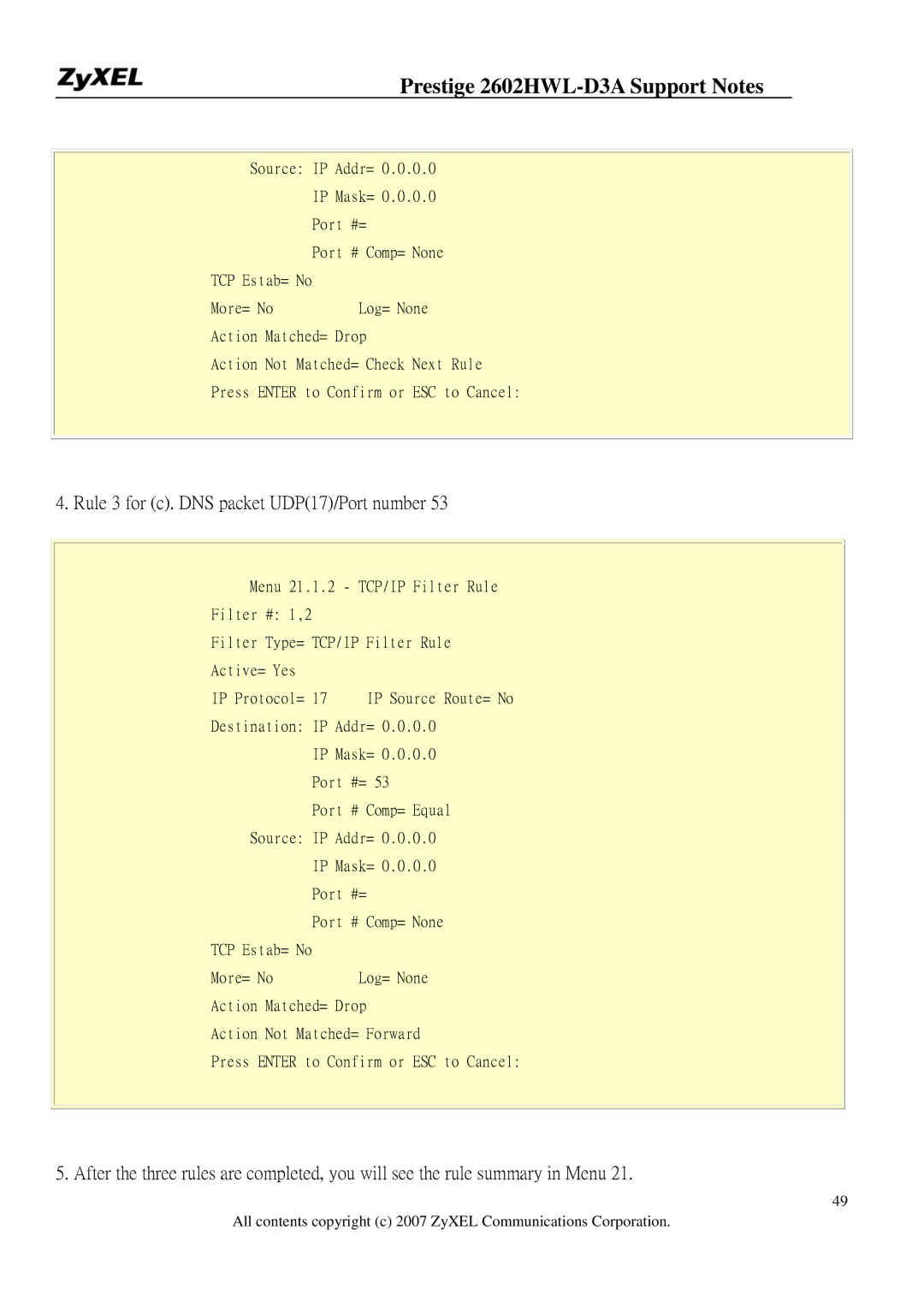 ZyXEL Communications 2602HWL-D3A manual Rule 3 for c. DNS packet UDP17/Port number 