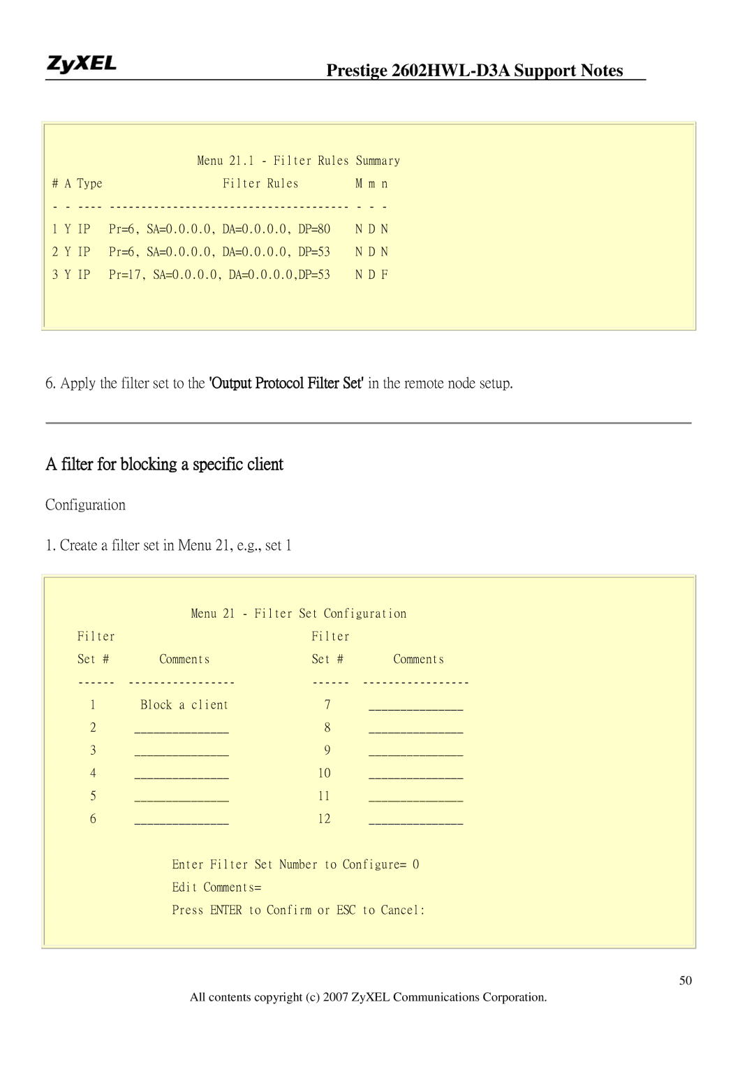 ZyXEL Communications 2602HWL-D3A manual Filter for blocking a specific client 