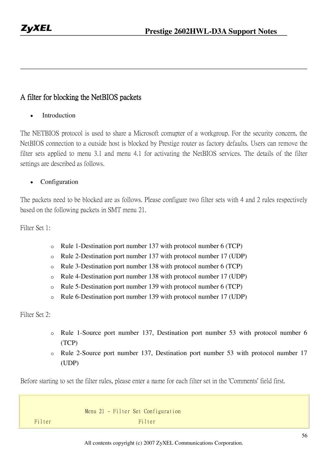 ZyXEL Communications 2602HWL-D3A manual Filter for blocking the NetBIOS packets 