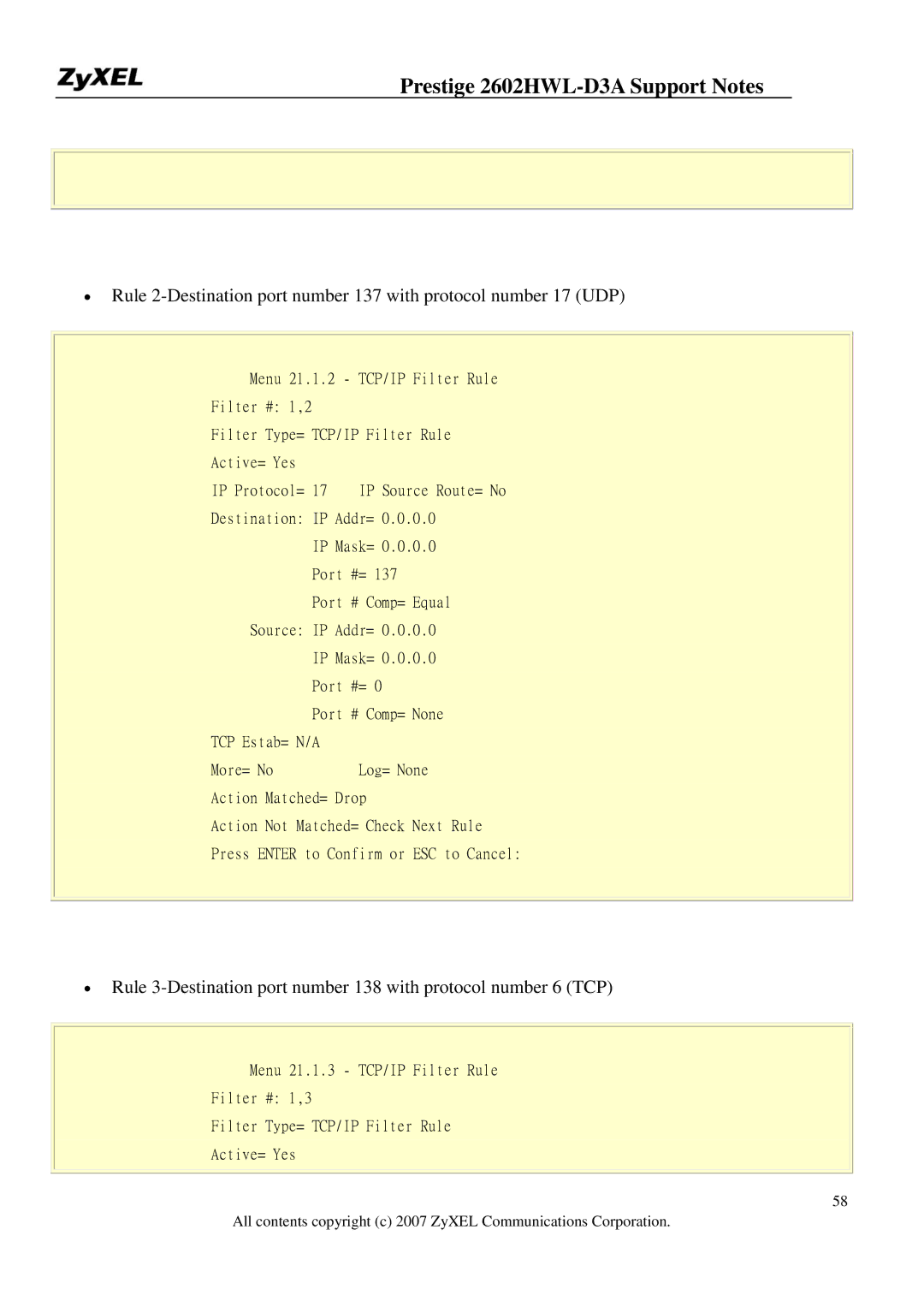 ZyXEL Communications 2602HWL-D3A manual IP Source Route= No 