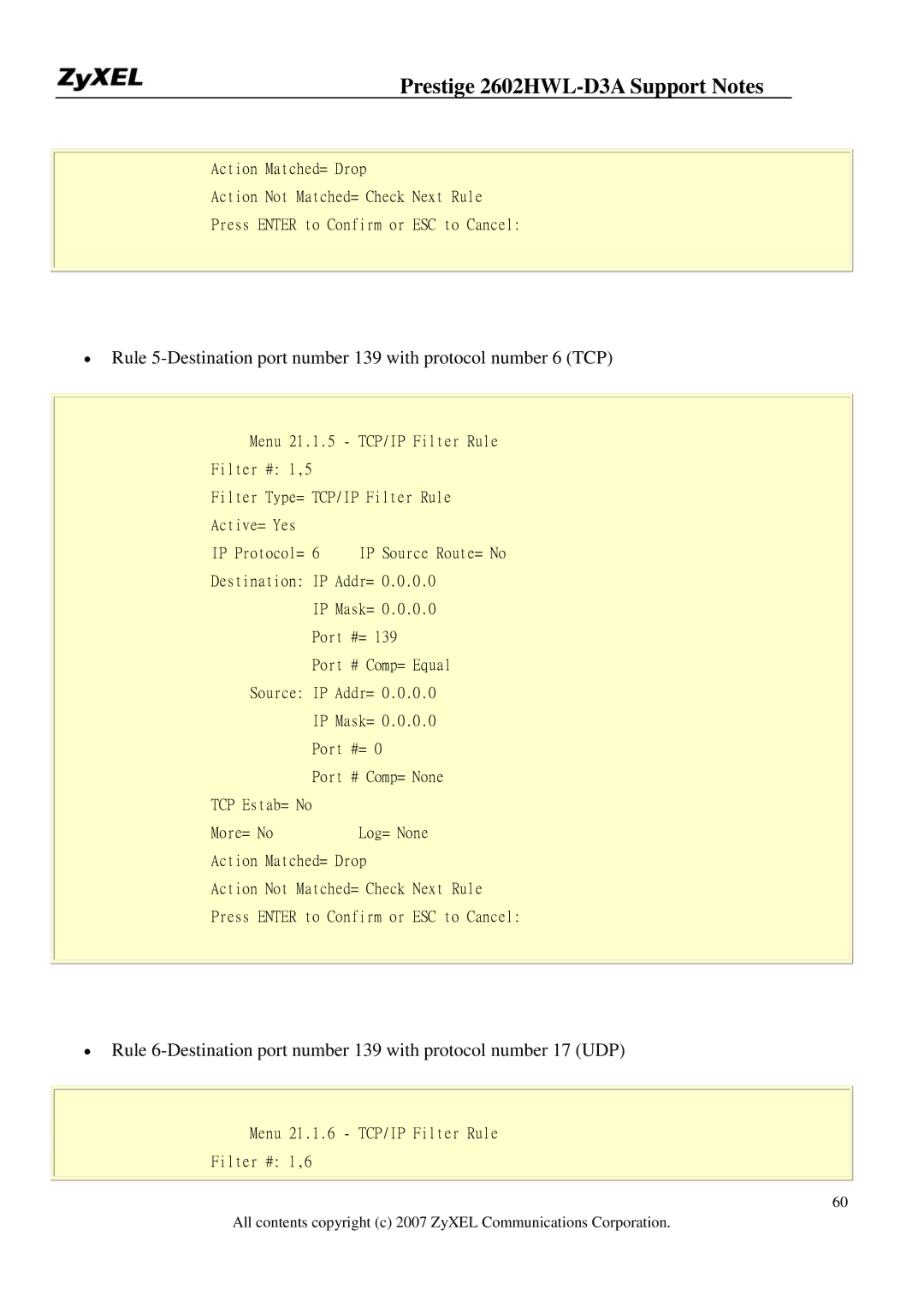 ZyXEL Communications 2602HWL-D3A manual Menu 21.1.6 TCP/IP Filter Rule Filter # 1,6 