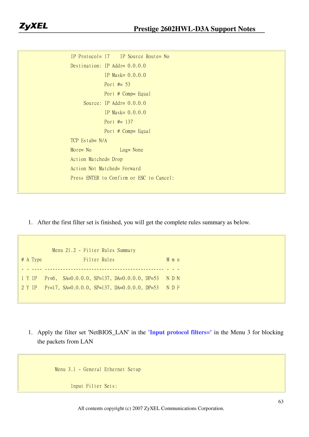 ZyXEL Communications 2602HWL-D3A manual Menu 3.1 General Ethernet Setup Input Filter Sets 