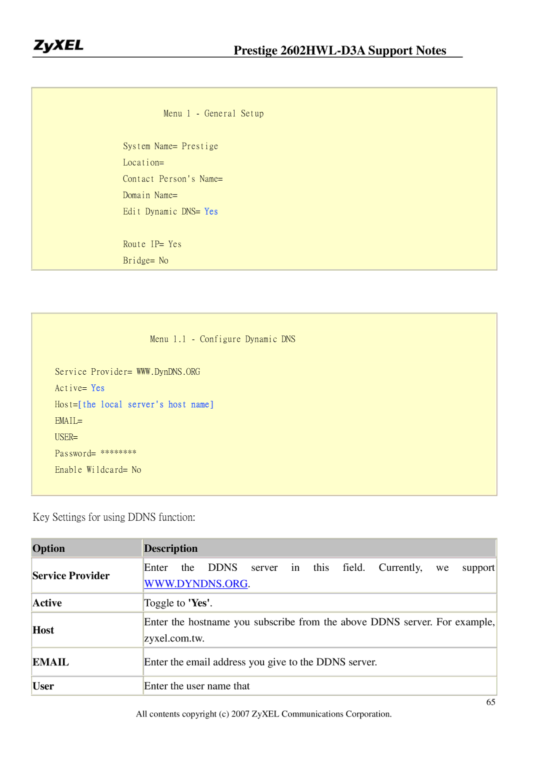 ZyXEL Communications 2602HWL-D3A manual Key Settings for using Ddns function 