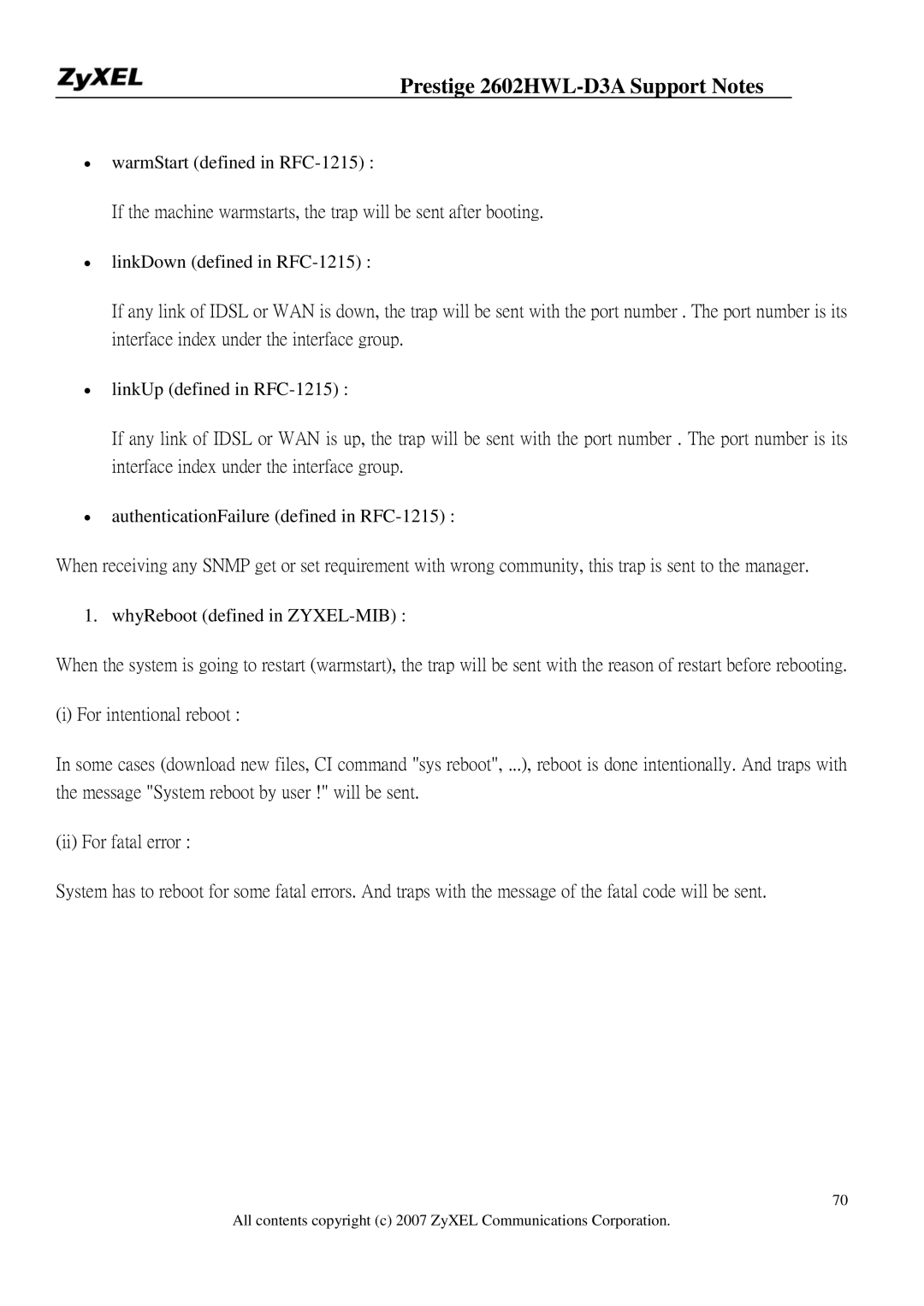 ZyXEL Communications 2602HWL-D3A manual ∙ warmStart defined in RFC-1215 