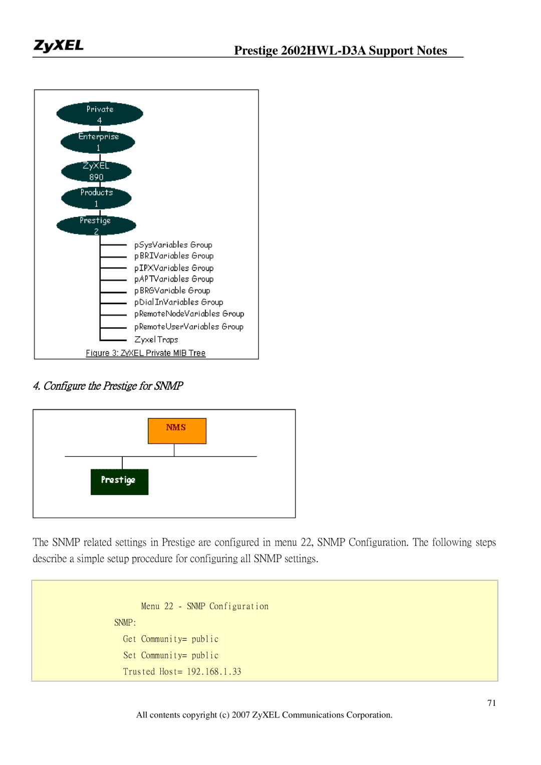 ZyXEL Communications 2602HWL-D3A manual Configure the Prestige for Snmp 