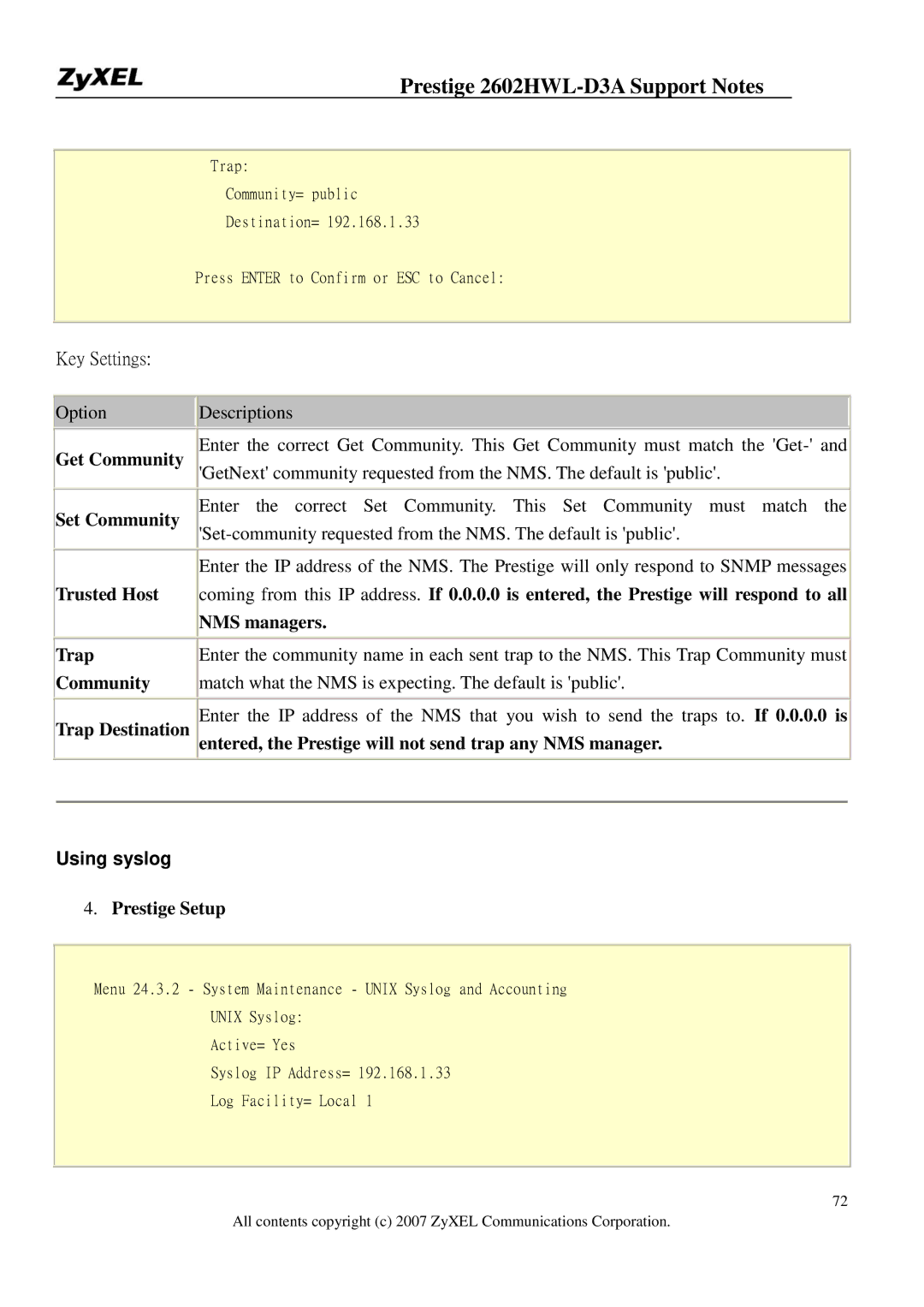 ZyXEL Communications 2602HWL-D3A manual Using syslog 