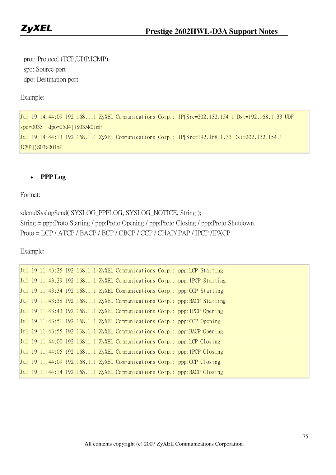 ZyXEL Communications 2602HWL-D3A manual ∙ PPP Log, Format SdcmdSyslogSend SYSLOGPPPLOG, SYSLOGNOTICE, String 