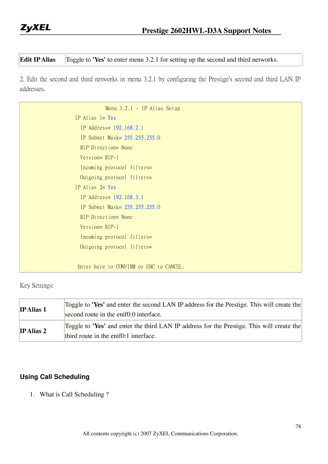 ZyXEL Communications 2602HWL-D3A manual IP Alias, Using Call Scheduling 