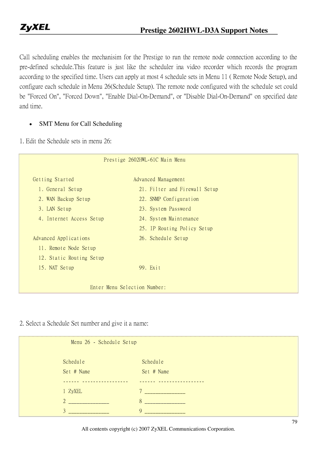 ZyXEL Communications 2602HWL-D3A manual Edit the Schedule sets in menu, Select a Schedule Set number and give it a name 